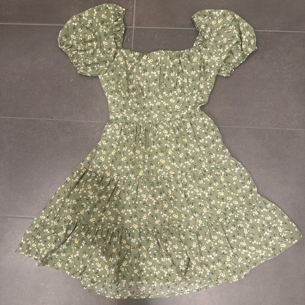 Altar’d State Sage Floral Puff Sleeve Mini Dress Size Small Tie Back